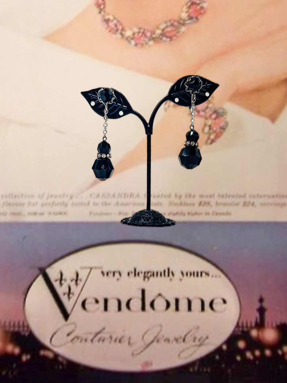 Signed Vendome Black Crystal Dangle Earrings Rhinestone Rondelle Screw Back